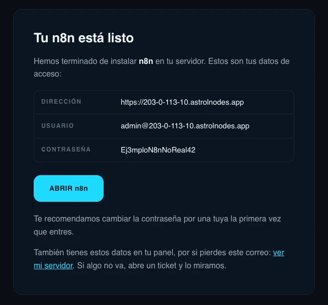 Correo «Tu n8n está listo» con la dirección, el usuario y la contraseña de la aplicación