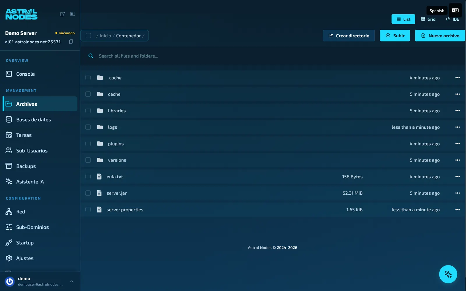 Gestor de archivos del panel de Astrol Nodes