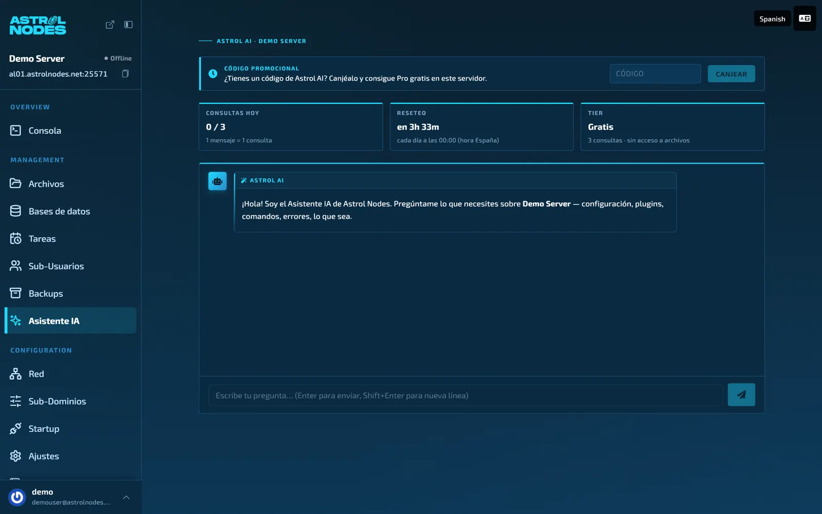 Asistente IA integrado en el panel de Astrol Nodes