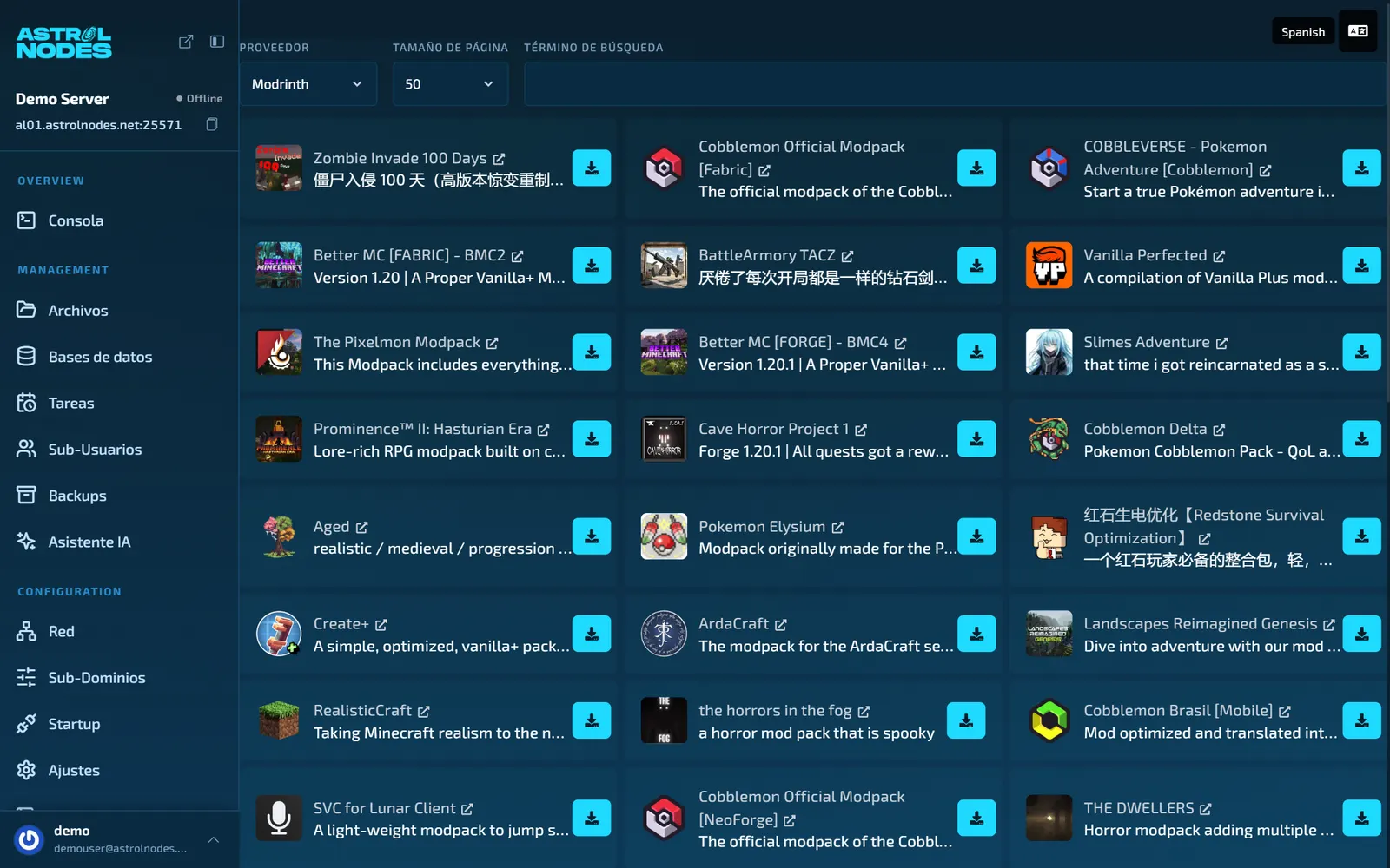 Instalador de modpacks del panel con Modrinth y CurseForge