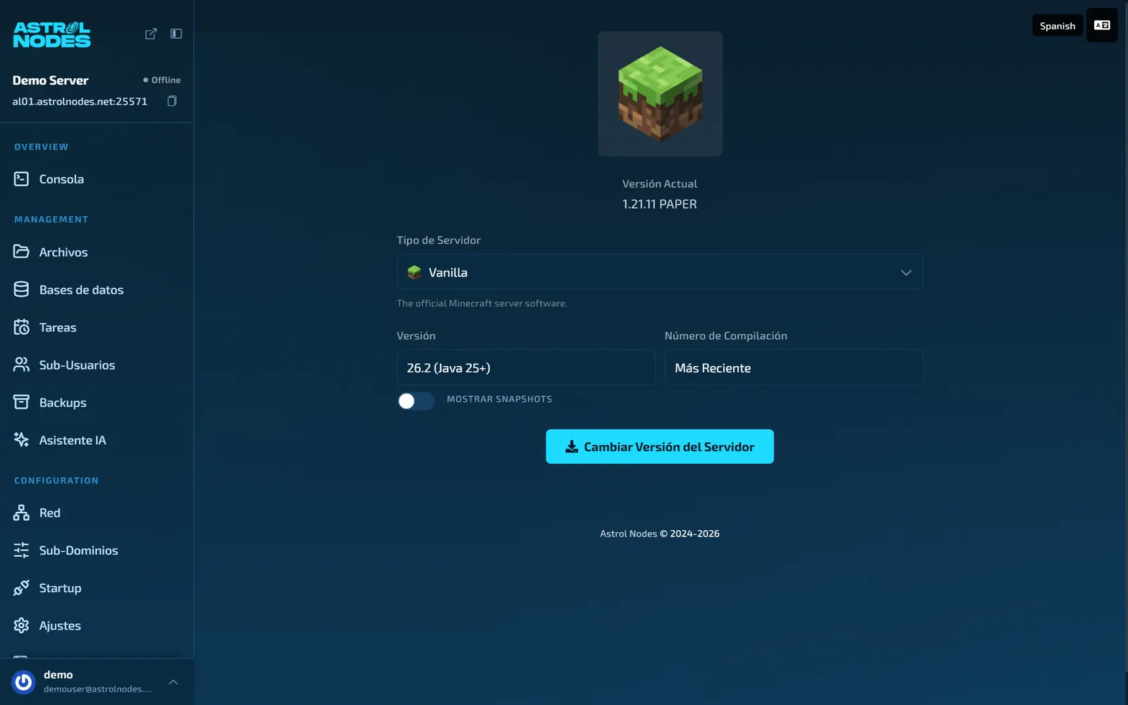 Apartado Versión MC del panel para cambiar tipo y versión del servidor