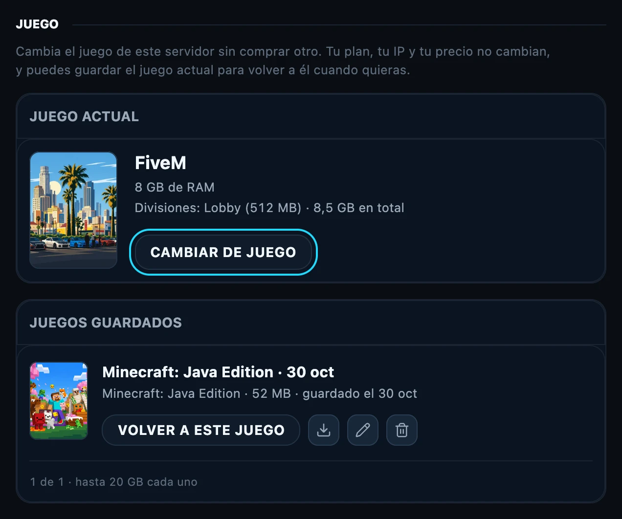 The Game section in Settings, with the current game and the saved games