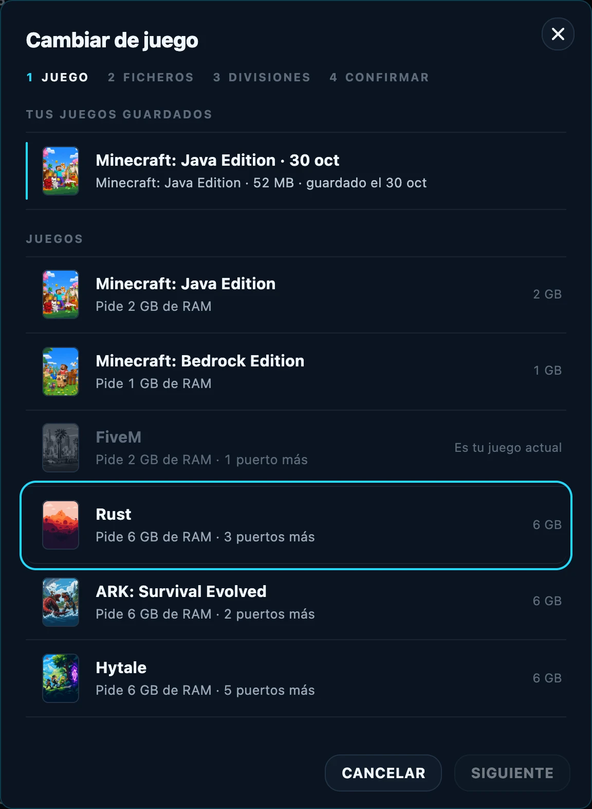 The first step of the wizard with the list of games