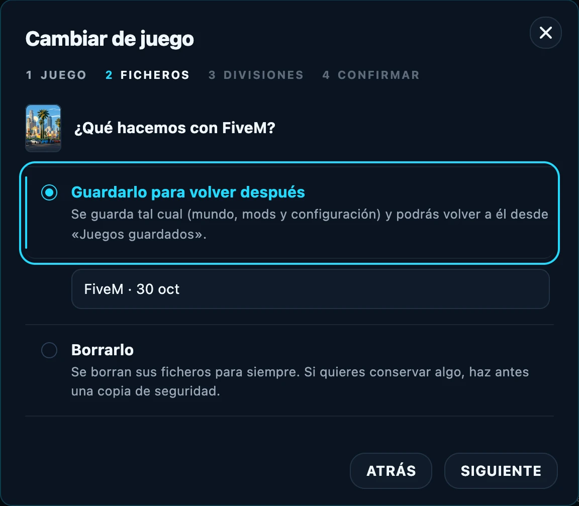 The Files step, with the options to save or delete the current game