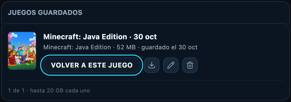A saved game with its options