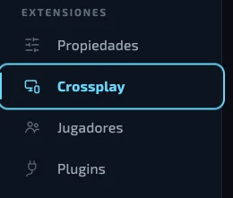 El menú lateral del panel con la entrada Crossplay dentro de Extensiones