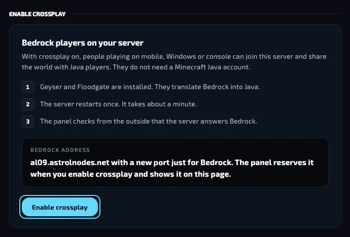 The Bedrock players on your server card with the Enable crossplay button