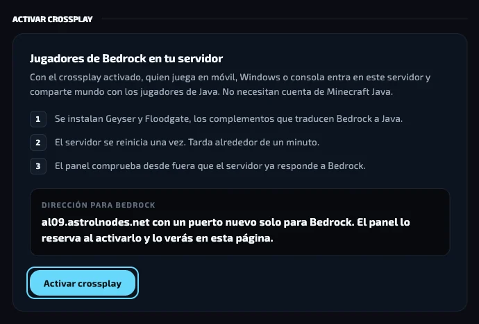 La tarjeta Jugadores de Bedrock en tu servidor con el botón Activar crossplay