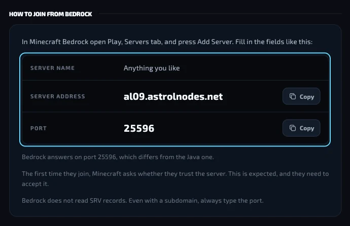 The How to join from Bedrock section with the server address and the port