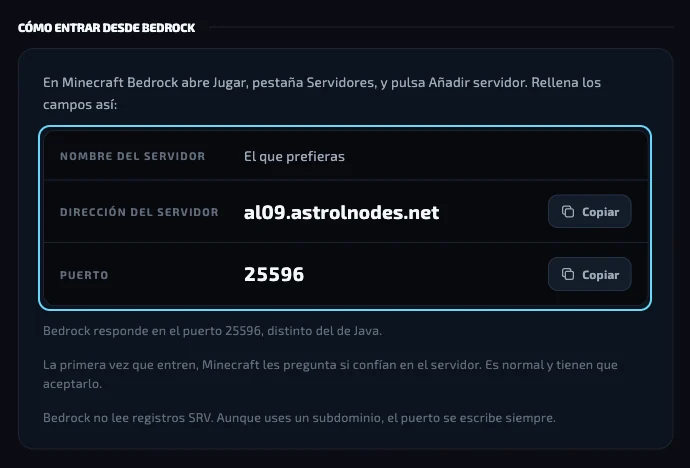 La sección Cómo entrar desde Bedrock con la dirección del servidor y el puerto