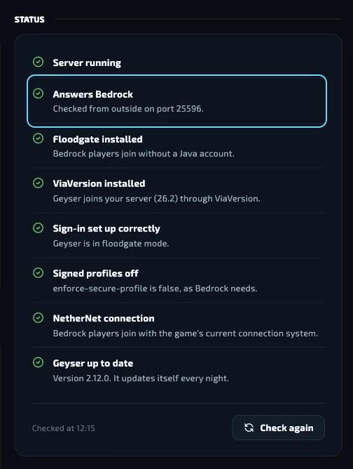 The Status list with the Answers Bedrock check