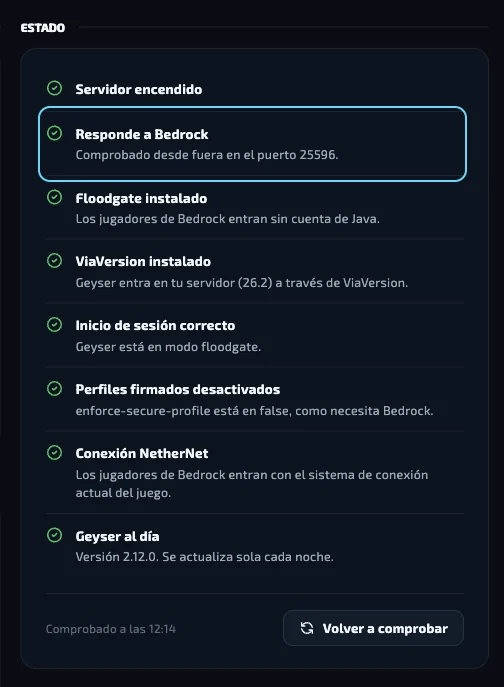 La lista Estado con la comprobación Responde a Bedrock