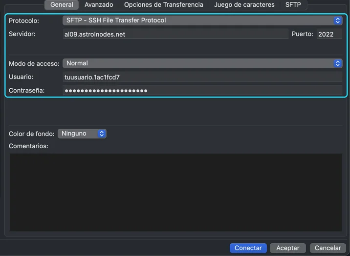 The FileZilla Site Manager with the SFTP protocol, the host, port 2022 and the username