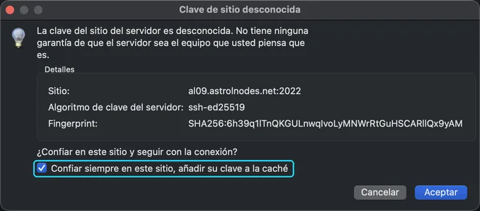The unknown host key warning with the always trust option ticked
