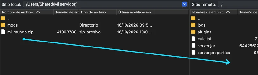 FileZilla connected, with the computer's files on the left and the server's on the right