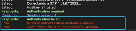 The FileZilla log with the Authentication failed error